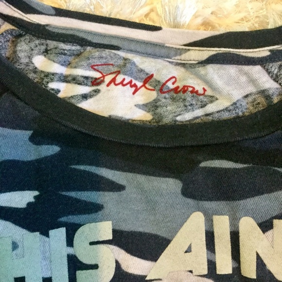 SHERYL CROW “THIS AIN’T NO DISCO” lyric graphic camouflage 3/4 sleeve top - Picture 4 of 5
